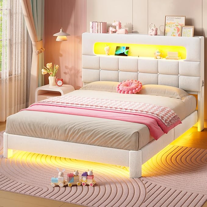 MSmask Queen Upholstered LED Bed Frame with 2-Tier Storage Bookcase Headboard, Velvet Princess Bed with Crystal Button Tufted Headboard & Charging Station, Girls Platform Bed, Curved Legs, White