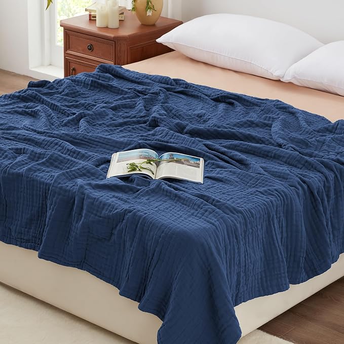 Love's cabin 6 Layer 100% Cotton Muslin Blanket, 108"x90" Muslin King Size Blanket for Bed Couch, Lightweight and Breathable Cotton Gauze for Adult, Dark Blue