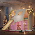 Playhouse Design Twin Size Loft Bed with Slide & Tent, Solid Wood Tent Bed Frame for Kids Boys Girls, Versatile Spacious Under Bed Space, Chic Design with Lights (Natural+Pink-Twin)
