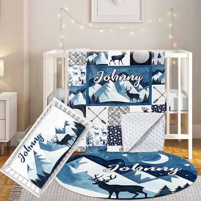 Custom Baby Crib Bedding Set, 3 Pcs Personalized Nursery Bedding Set with Name, Soft Baby Bedding Crib Sets with Blanket - Toddler Crib Sets for Girl Boy, Infant Newborn Gifts, Blue Moon & Bea