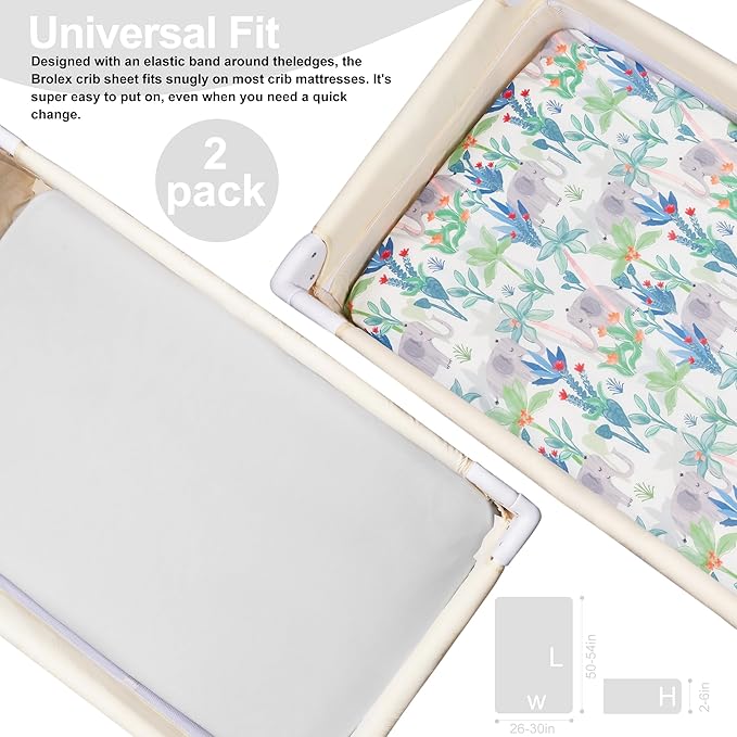 TILLYOU Mini Crib Sheets Fitted 2 Pack, Pack and Play Sheets for Toddler Mattress, Soft and Breathable 38”x 24” Pack n Play Mattresses Cover, Rainforest Elephant & Grey