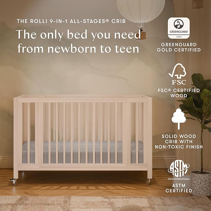 babyletto Rolli Convertible All-Stages® Bassinet and Full-Size Crib in Washed Natural, Greenguard Gold Certified, Portable & Adjustable with Conversion Kits and Pads Included