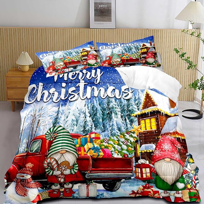 LUVIVIHOME 3PCS Merry Christmas Comforter Set Full Size, Teens Boys Girls Kids Bedding, Cute Snowman Gnome Red Truck Winter Snowflake Happy New Year Christmas Bedroom Decor, Xmas Gifts, 2 Pillow Shams