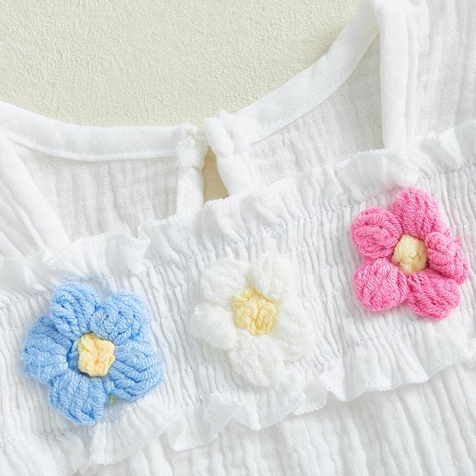 Gaono Newborn Baby Girl Smocked Bubble Romper Cute Boho Summer Clothes Ruffle Sleeveless Crochet Flower Vintage Bodysuit