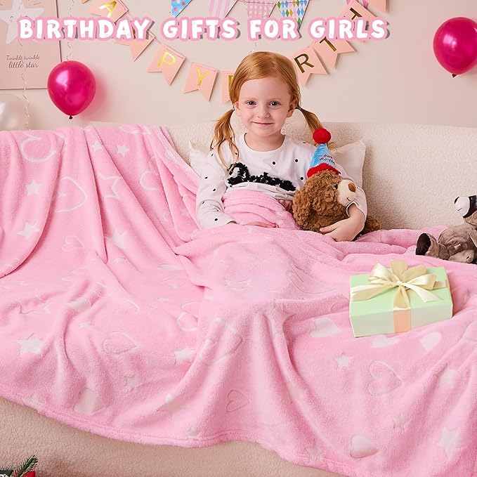 inhand Birthday Gifts Toys for Girl Pink Heart Glow in The Dark Blanket Thanksgiving Throw Blanket Cute Kids Blanket Soft Fleece Throw Blanket for Kids（40x60 Pink Heart）