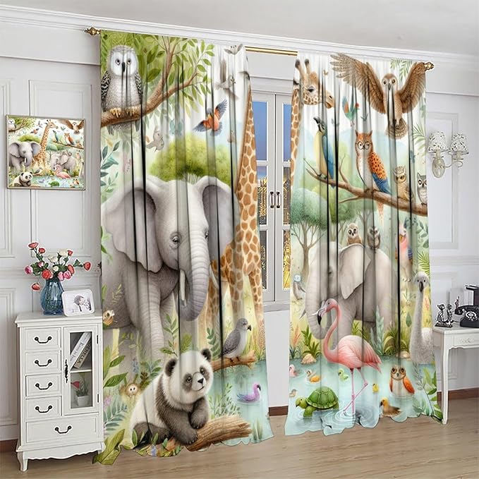 Kids Animals Curtain Cartoon Western Wildlife Flamingo Elephant Giraffe Window Treatment for Baby Children Bedroom Living Room 52" W X 84" L