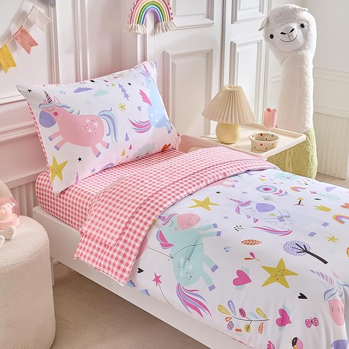 Joyreap 4 Piece Toddler Bedding Set for Girls- Pink Blue Colorful Unicorns Design, Microfiber Toddler Bedding Comforter Set for All Seasons