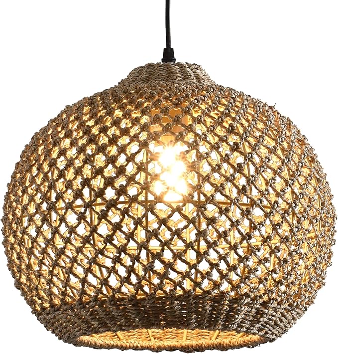 Rattan Pendant Light Fixture,13.77" Hand-Woven Water Plants Rattan Chandelier Boho Wicker Coastal Retro Ceiling Chandelier Lighting, Kitchen Island Farmhouse Dining Room Entryway Foyer1-Light