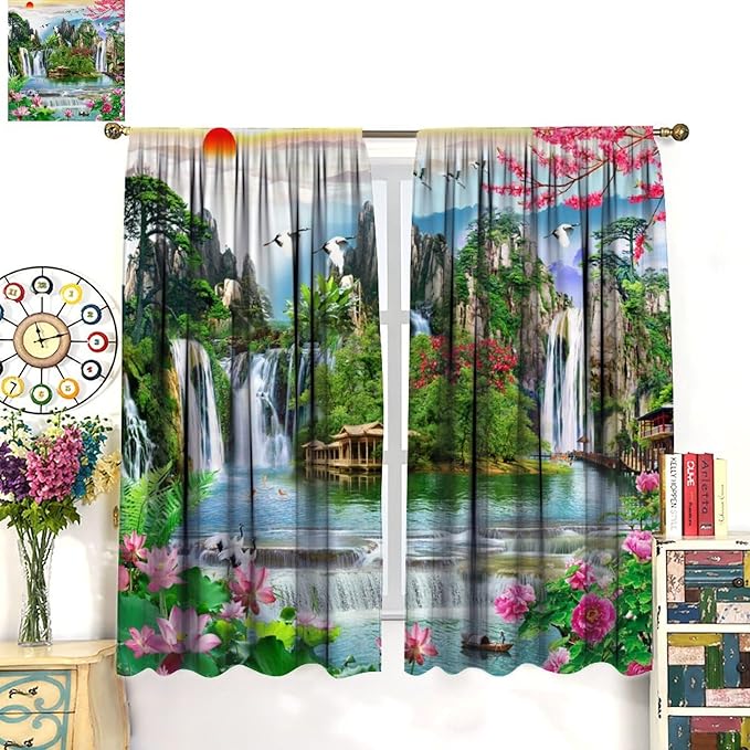 Waterfall Blackout Curtains, Forest Waterfall Rocky Lotus Fish Landscapes Print Window Drapes, for Living Room Bedroom 63" W X 72" L