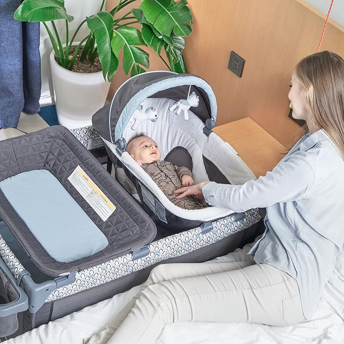 5 in 1 Multifunctional Pack and Play,Qutanix Foldable Baby Crib with Bassinets,Changing Table,Newborn Napper with Canopy,Diaper Stacker,Baby Playpen for Babies and Toddlers