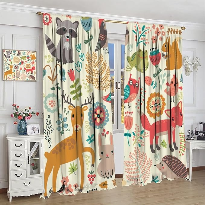 Kids Baby Woodland Curtains,Forest Animals Plants Cartoon Funny Colorful Deer Fox Owl Pattern Thermal Insulation Blackout Window Drapes for Boys Girls Children's Bedroom 42x45 Inch