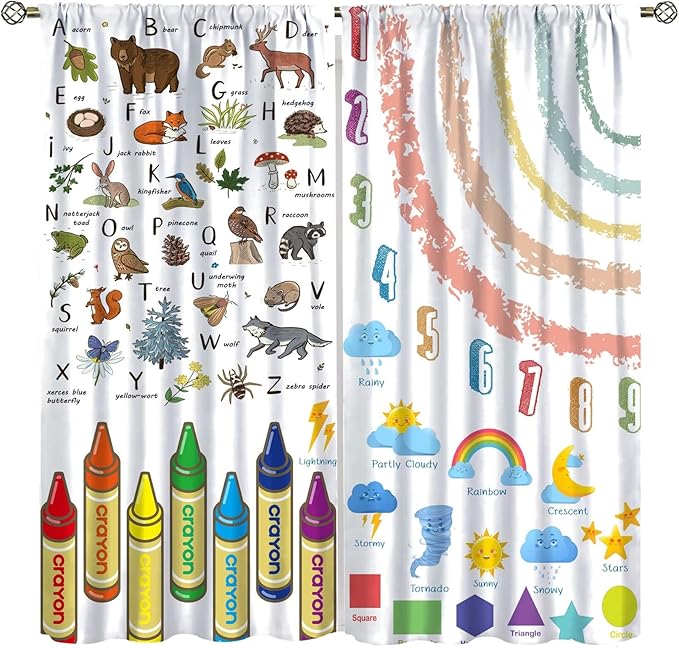 Kids Alphabet Curtain, Funny Cartoon Animal Rainbow Learning, Educational Boys Girls Children Printed Rod Pocket Blackout Window Treatments for Bedroom Living Room Nursery 42" W X 54" L