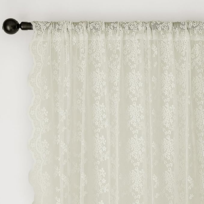 Anmao Vintage Lace Curtains 102 Inches Long 2 Panels Set, Romantic Elegant Light Filtering Semi Sheer Floral Thick Lacy Curtain Drapes for Living Room and Bedroom, Each Panel 55W x 102L, Ivory
