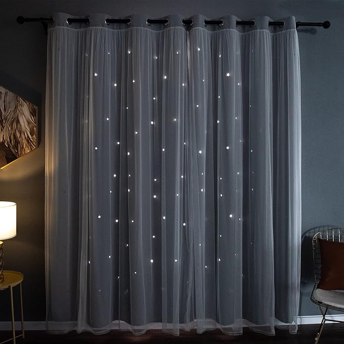 Kinryb Kids Star Cutout Blackout Curtains for Bedroom/Living Room,2 Free Tiebacks Sheer Overlay 72 Inches 2 Panel Set, Double Layer Curtains for Kids Room(W52 x L72 Inches,Greyish White 2 Pcs)