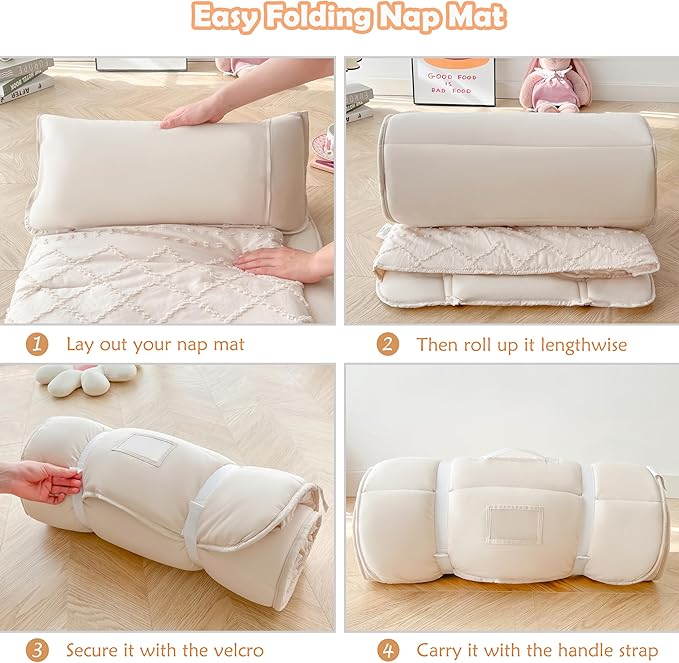 Toddler Nap Mat for Daycare Preschool Girls Boho Tufted Geometric Kids Sleeping Mat Pad Toddler Bedding Set Portable Baby Sleeping Bag with Pillow and Blanket for Travel Camping Outdoor