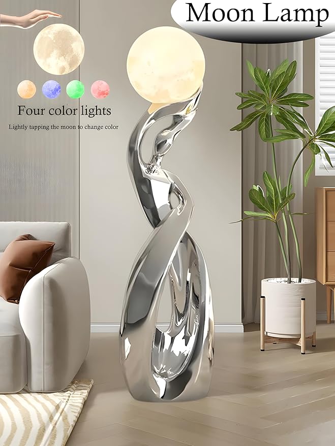 Bofea-Modern Standing Lamp for Living Room Minimalist Floor Lamps with Silver Resin Lamp Body,Creative Dancing Girls Statue Tall Standing Lamps,Unique Moon Floor Lights for Bedroom Home Decor