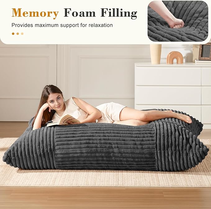 3-in-1 Giant Bean Bag Chair for Adults & Kid, Convertible Floor Sofa to Mattress, High-Density Foam Bean Bag Bed with Washable Cover, Multi Functional Lounge Couch for Bedroom, Living Room (Dark Grey)