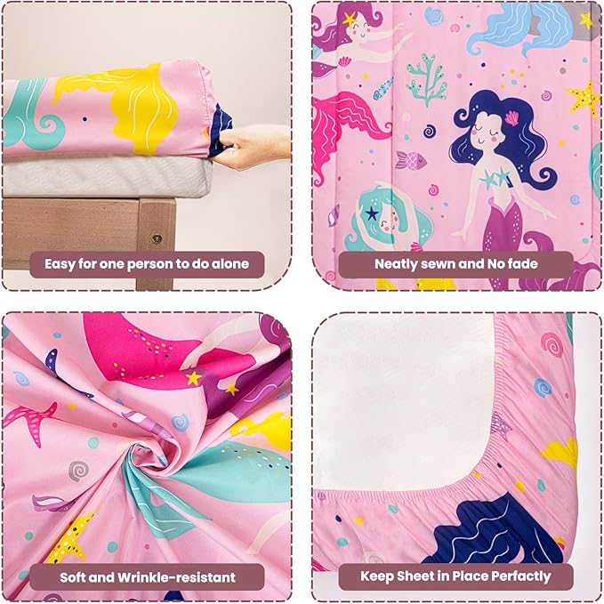 Toddler Bedding Set, Plush Minky Fabric Crib Bedding Set for Girls, Breathable and Soft Baby Crib Bedding Set, Includes Toddler Comforter, Flat Sheet, Fitted Sheet and Pillowcase for Girls (Mermaid)