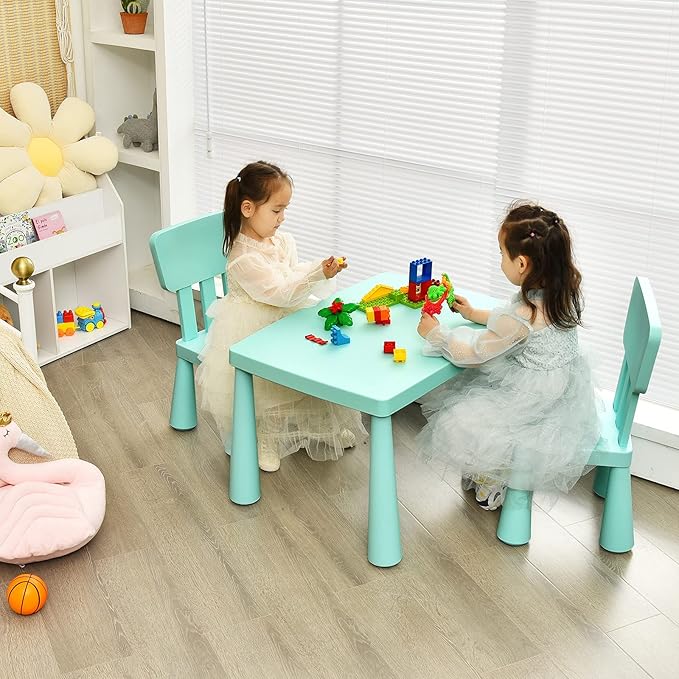HONEY JOY Kids Table and Chair Set, Plastic Children Activity Table and 2 Chairs for Art Craft, Easy-Clean Tabletop, 3-Piece Toddler Furniture Set for Daycare Playroom, Gift for Boys Girls (Green)