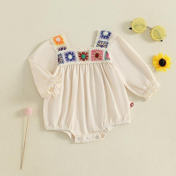 Baby Girl Romper Fall Clothes Ruffle Sleeveless Onesie Crochet Floral Bubble Romper Infant Bodysuit Boho Outfit