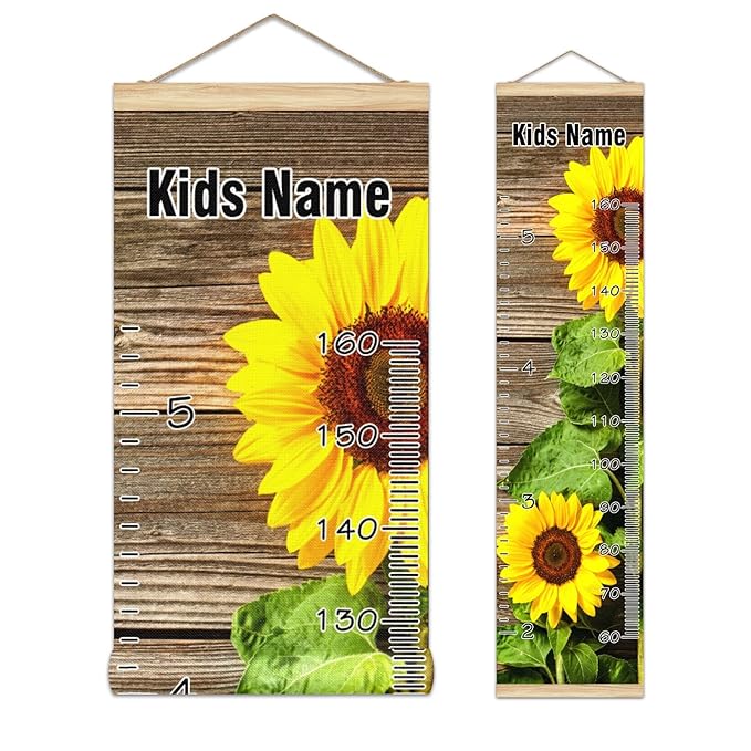 Personalized Kids Name Growth Chart Ruler for Wall Wood Frame Height Measure Chart 13.4x56 in Linen Hanging Height Growth Chart Sunflower and Wood Kids Room Decor
