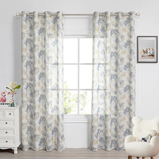 MYSKY HOME Floral Curtains 84 Inch Long for Girls Bedroom, Yellow Curtains for Living Room, Farmhouse Country Light Filtering Grommet Semi Sheer Natural Drapes Grey Colorful Design W52, 2 Panels