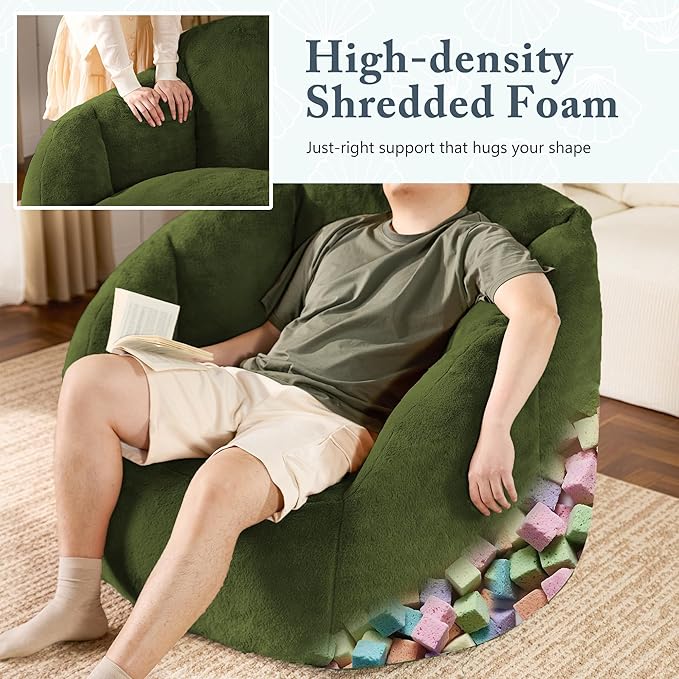 Giant Bean Bag Chair for Adults - Comfy Plush Round Shell Soft Accent Chair, Oversized Cozy Lounge Floor Sofa Reading Chair, Mini Couch for Living Room, Bedroom & Game Rooms, Dorm, Green