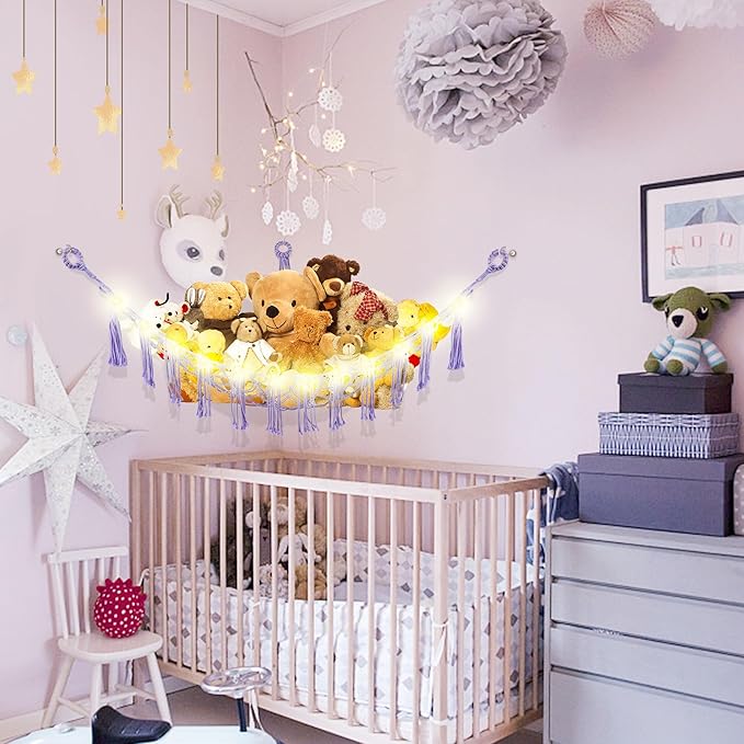 Stuffed Animal Hammock with LED Light, Large Stuffed Animals Storage Corner Plushie Net for Kids Room Decor, 2 Packs Purple