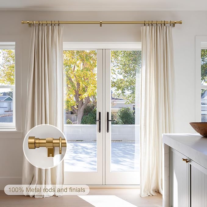 Brass Curtain Rods for Windows 66 to 120 Adjustable Modern Gold Curtain Rod 1 inch Diameter Heavy Duty with Solid Metal Finials for Living Room Bedroom Farmhouse Outdoor Patio