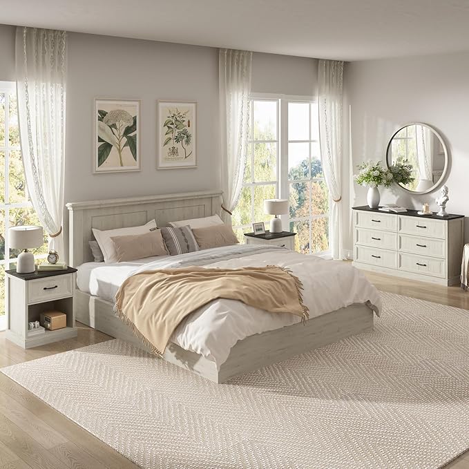 CARPETNAL Farmhouse Dresser and Nightstand Sets for Bedroom, 3 Pcs Bedroom Set, 6 Drawer Dresser & Nightstand Set of 2, Modern Wood Chest of Drawers for Bedroom, Living Room, Entryway, White