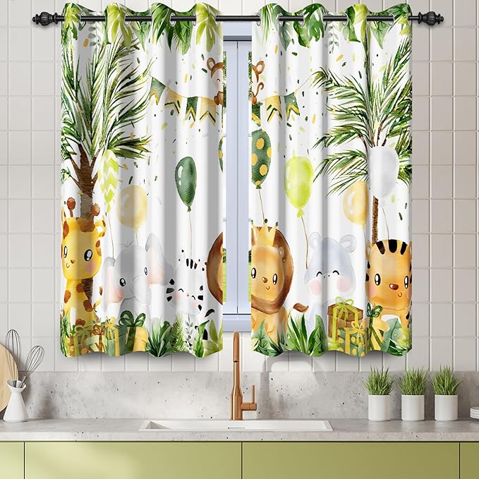 Renaiss 26 x 36 Inch Rainforest Safari Animal Curtains African Jungle Tropical Lions Tigers Elephants Giraffes Palm Trees Pattern Polyester Fabric Grommet Window Drapes for Nursery Bedroom 2 Panels