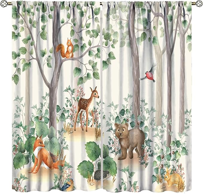 Forest Animal Curtains,Fox Elk Bird Animal Watercolor Woodland Print Curtains Kids Nursery Bedroom Living Room Home Decoration 42x63in