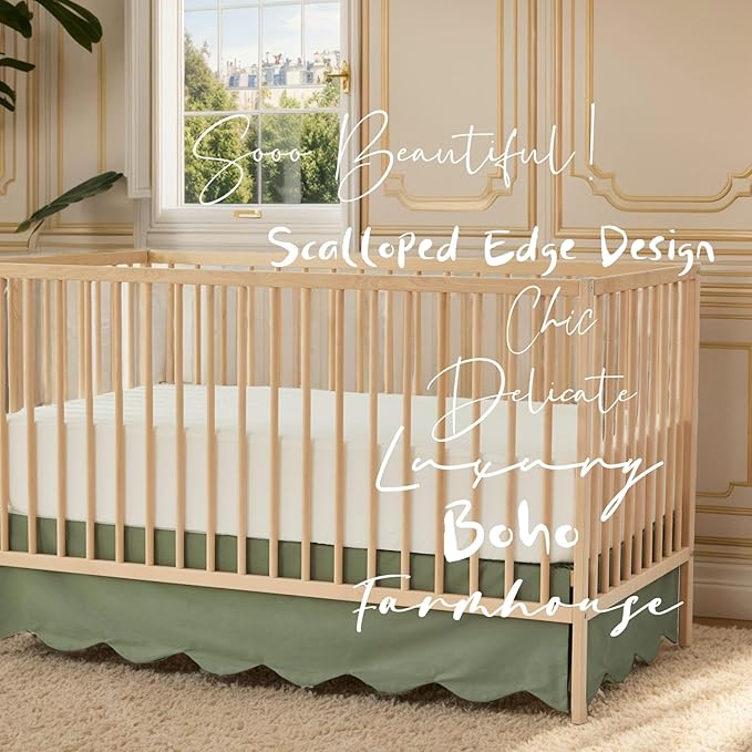 Brandream Scallop Edge Cotton Crib Skirt Toddler Bedskirt Baby Nursery Crib Bed Skirt Boho Bohemian Neutral Solid Color Vintage Sage Green Farmhouse Chic Boho Bohemian Skirt