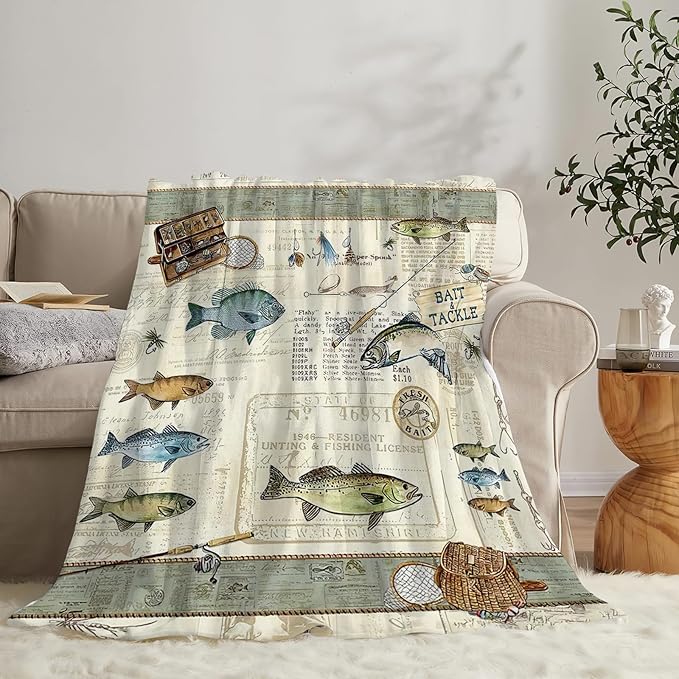 Tijuboni Fishing Throw Blanket Cabin Fishing Gifts for Men Boys Women Girls Adults Kids Soft Flannel Fleece Blanket for Couch Sofa Bed Home Decor 60"x80"
