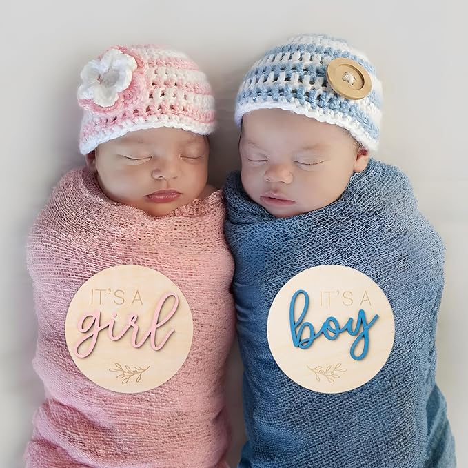 Gender Reveal Sign for Baby Birth: 3Pcs It's A Boy Girl & Hello World Announcement Sign for Hospital - Wooden Newborn Welcome Board for New Boys and Girls