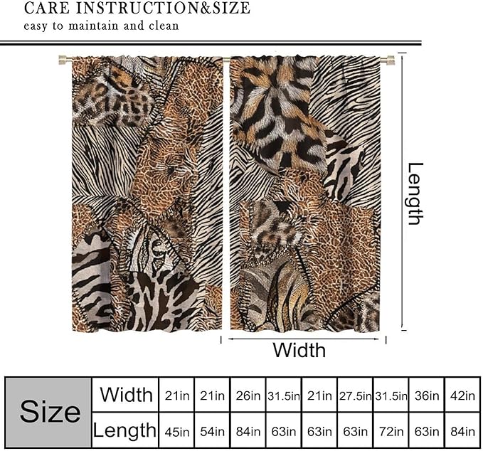 Leopard Print Curtains, Brown Wild Cheetah Zebra Animal Fur Farmhouse Window Curtains for Bedroom Kitchen Living Room 42" W X 54" L