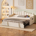 SOFTSEA Twin Daybed with Pop Up Trundle, Extendable Corner Day Bed with USB Ports, Velvet Tufted Sofa Bed Frame with Curved Backrest for Bedroom, Living Room, Beige