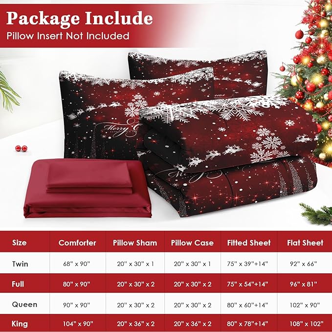 5 Pcs Twin Size Christmas Comforter Set with Pillowcase & Sham, Dark Red Winter Snowflake Bedding for Kids and Adults, Merry Xmas Bed in a Bag with Flat Fitted Sheet
