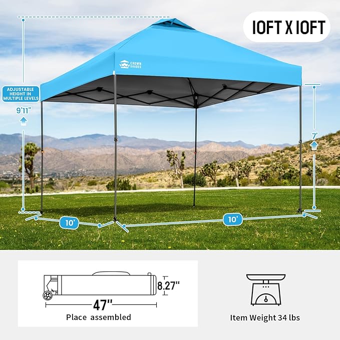 CROWN SHADES Adjustable Height on The Fly, 10x10 Pop Up Canopy - Beach Tent with One Push Setup - Easy Outdoor Sun Shade for Events, Parties, Camping - Outside Shade with STO-N-Go Bag, Sky Blue