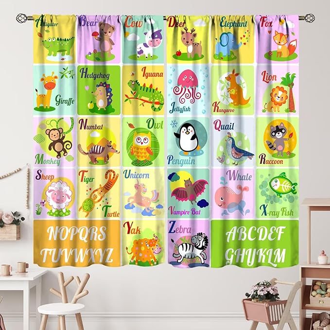 Kids Alphabet Letter Curtains Funny Education School Cute Cartoon Animal Printed Curtain with Rod Pocket for Bedroom Living Room Home Drapes Window Treatments 2 Panels Set 52" W X 84" L
