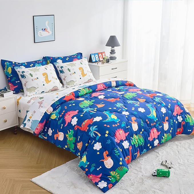 Wajade 7 Piece Kid Boys Dinosaur Comforter Set Twin Size 3D Blue Dinosaur Wild Park Jungle Print Bedding Set with Comforter, Sheet Set, Pillowcase and Sham