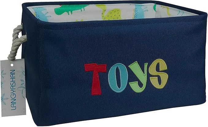 LANGYASHAN Rectangular Storage Bin Collapse Canvas Fabric Cartoon Storage Basket with Handles for Organizing Home Kitchen Boys and Girls Toys Office Closet Shelf Baskets (Navy toys)