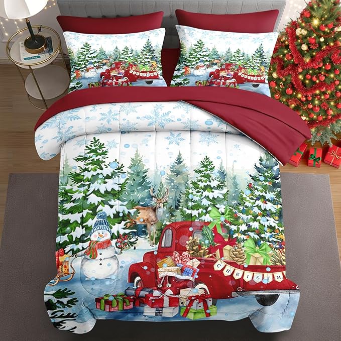 7 Pcs Queen Size Christmas Comforter Set with 2 Pillowcases & 2 Shams, Red Vintage Truck Snowman Bedding for Kids and Adults, Winter Snow Forest Elk Bed in a Bag with Flat Fitted Sheet