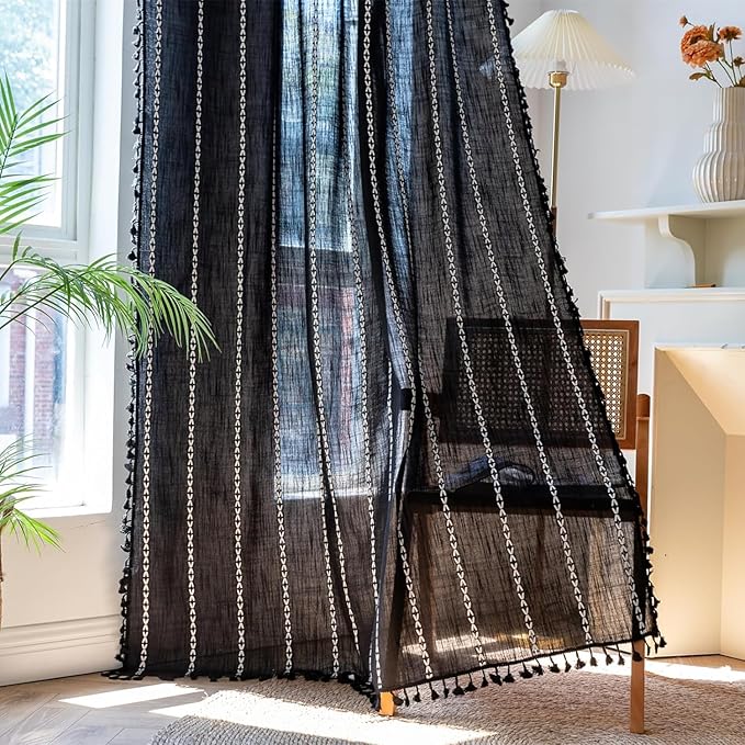 Deeprove Black Boho Curtains 72 inches Long for Bedroom, Vintage Bohemian Embroidery Farmhouse Cotton Linen French Country Tassel Window Treatments Gothic Halloween Decor, W52 x L72, 1 Panel