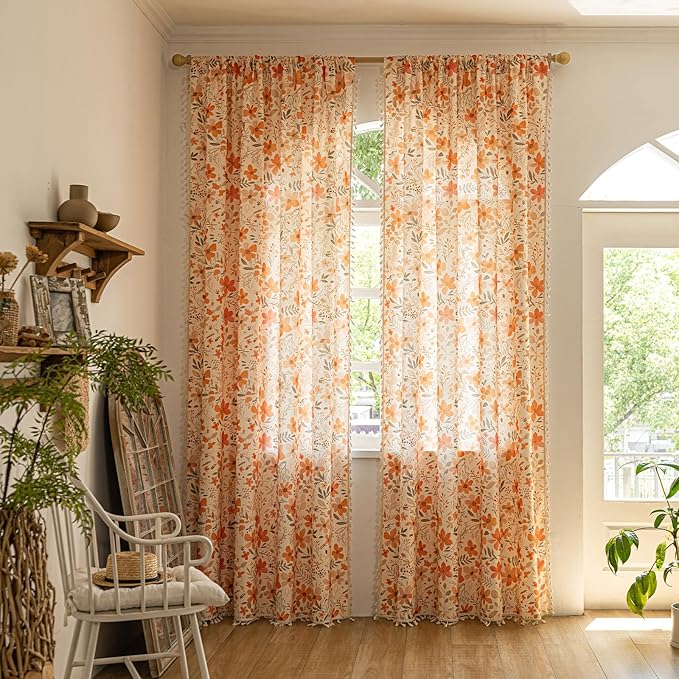 ENJOYBRIDAL Floral 63 Inch Curtains for Bedroom Living Room Drapes 2 Panel Sets Semi Sheer Farmhouse Short Window Curtain Panels Cute Patterned Boho Rod Pocket Cottagecore Window Treatments