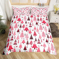 Pink Xmas Trees Duvet Cover Set Queen Size, Christmas Theme Bedding Set 3pcs for Kids Boys Girls Adults, Happy New Year Comforter Cover Soft Polyester Quilt Cover with 2 Pillowcases,No Comforter