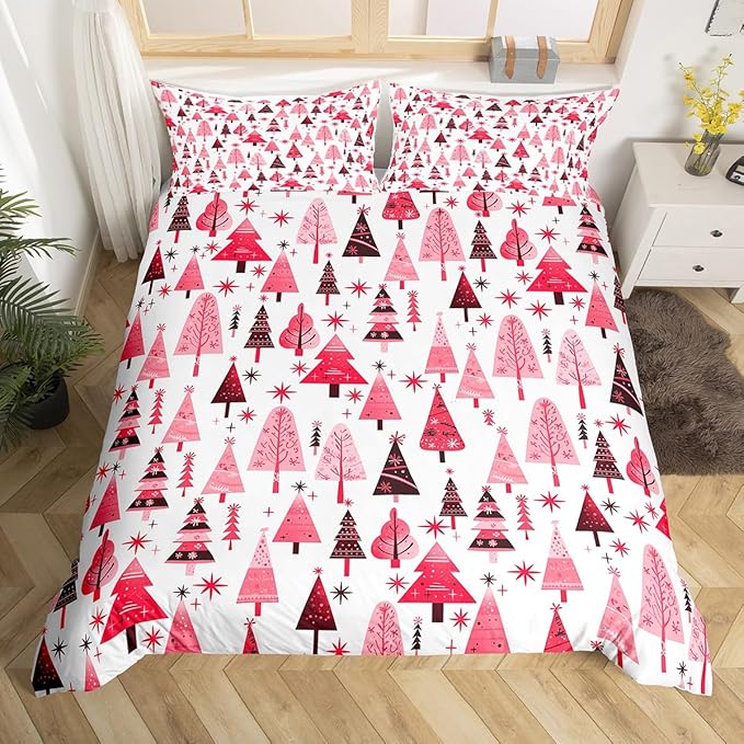 Manfei Pink Xmas Trees Duvet Cover Set Twin Size, Christmas Theme Bedding Set 2pcs for Kids Boys Girls Adults, Happy New Year Comforter Cover Soft Polyester Quilt Cover with 1 Pillowcase,No Comforter