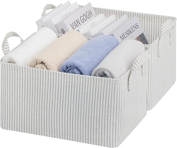 StorageWorks Storage Bins, Fabric Storage Bins for Shelves, Storage Baskets with Metal Frame, Closet Baskets and Bins with Handles, Khaki and Beige Stripes, 2-Pack
