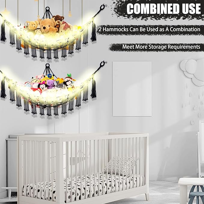 Stuffed Animal Hammock with LED Light, Large Stuffed Animals Storage Corner Plushie Net for Kids Room Decor, Jumbo Black