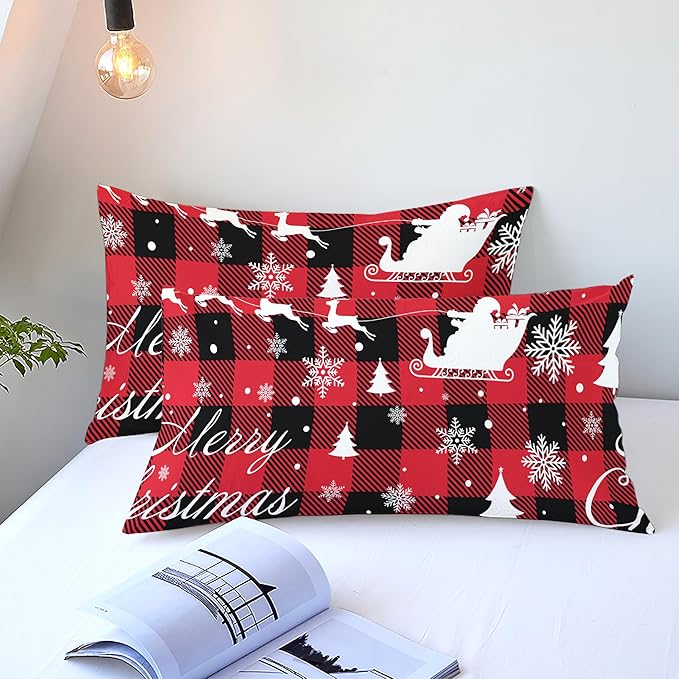 Christmas Duvet Cover King Size Red Black Gingham Bedding Set Kids Boys Girls Christmas Deer Pattern Soft Warm Comforter Cover 3 Pieces with Zipper Closure (No Comforter)